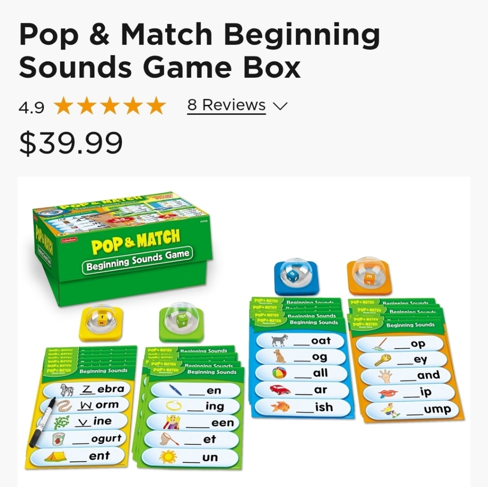 Brand New Lakeshore Pop & Match Beginning Sounds Game
